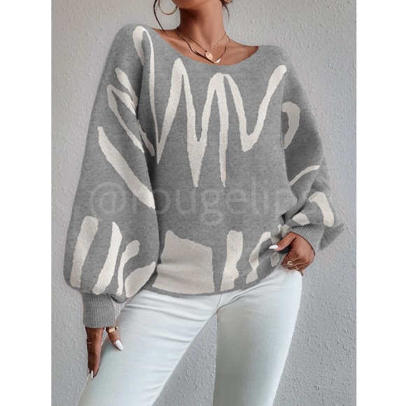 Knit Graphic Pullover Sweater Off White Grey Bishop Sleeve - Picture 3 of 10